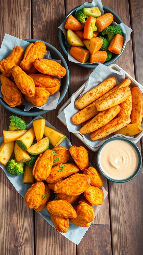 Crispy air-fried chicken wings, potato wedges, and colorful vegetables on a wooden table.